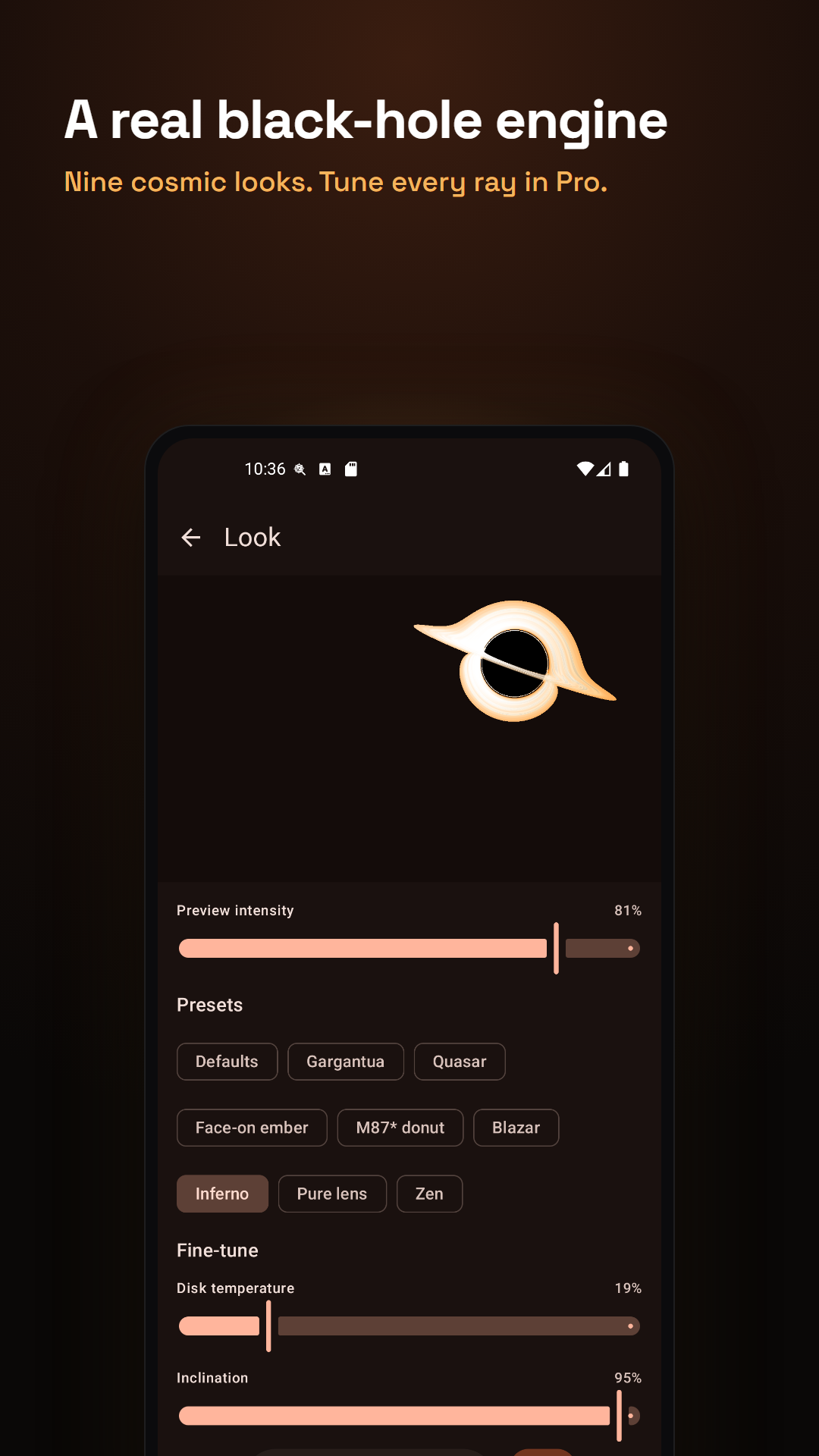 Nine black-hole looks with full tuning